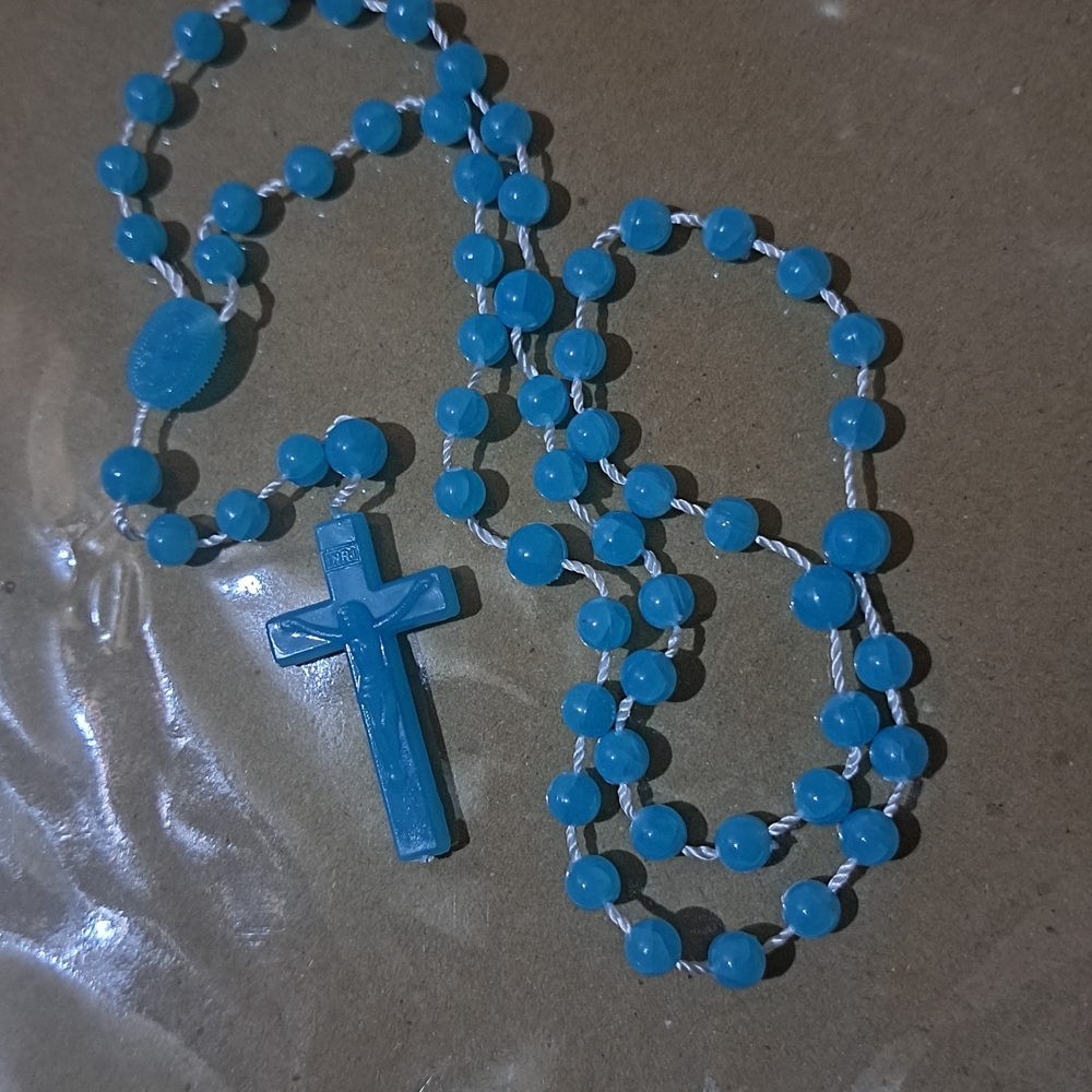 Blue Plastic Rosary Necklace with Cross Pendant